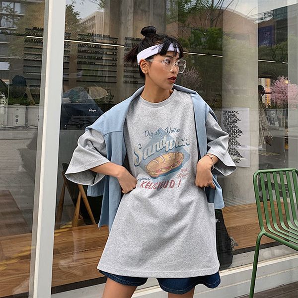 Short Sleeve T-shirts Printed Loose BF Women Summer Korean Style Street Wear All-match Tees Womens Tops Drop-shoulder Chic Ins