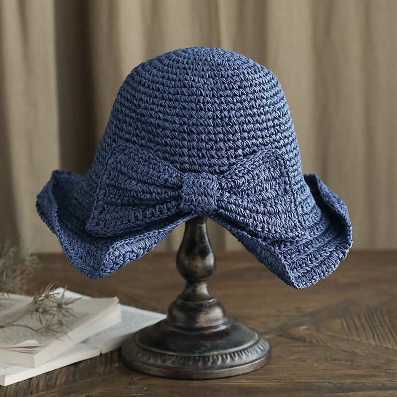 Parent-child 100%Raffia Bow Sun Hat Wide Brim Floppy Summer Hats For Women Beach Panama Straw Dome Bucket Hat Shade Hat