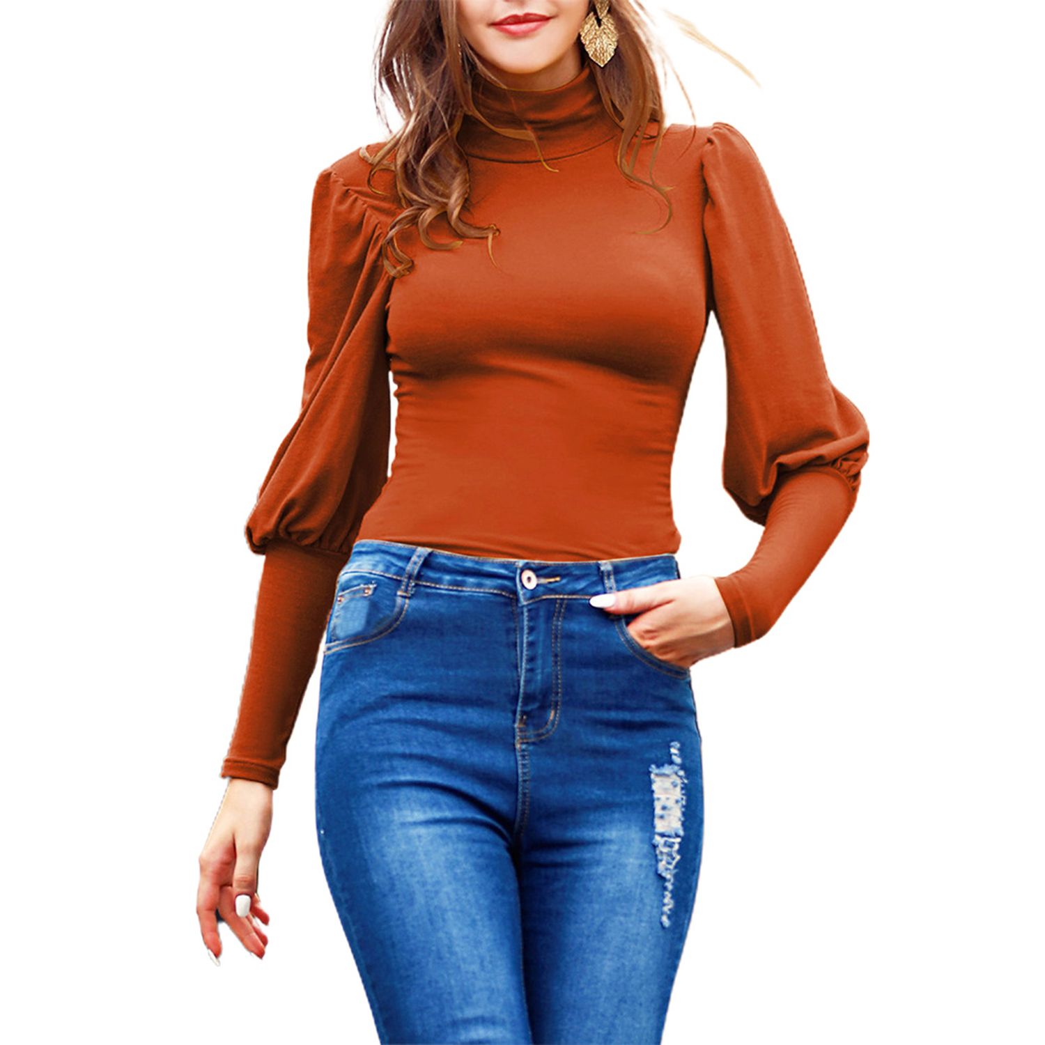 Women Blouse Waist Tight Half High Collar Solid Color Bottoming Blouse