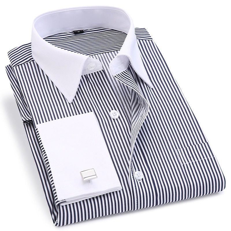 French Cuff Dress Long Sleeve Shirt For Men Stripe Twill Regular Fit Business Work Formal Wedding Male Shirt Has Metal Cufflinks