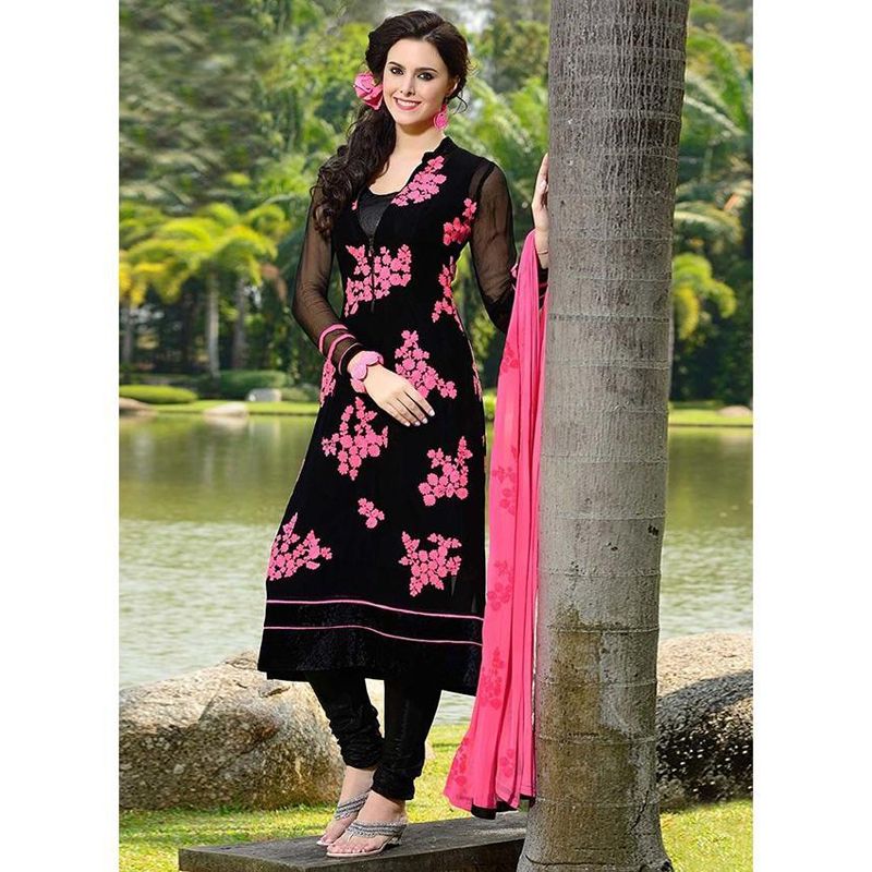 Fashionable Unstitched Black Cotton Block Printed Salwar Kameez For Women