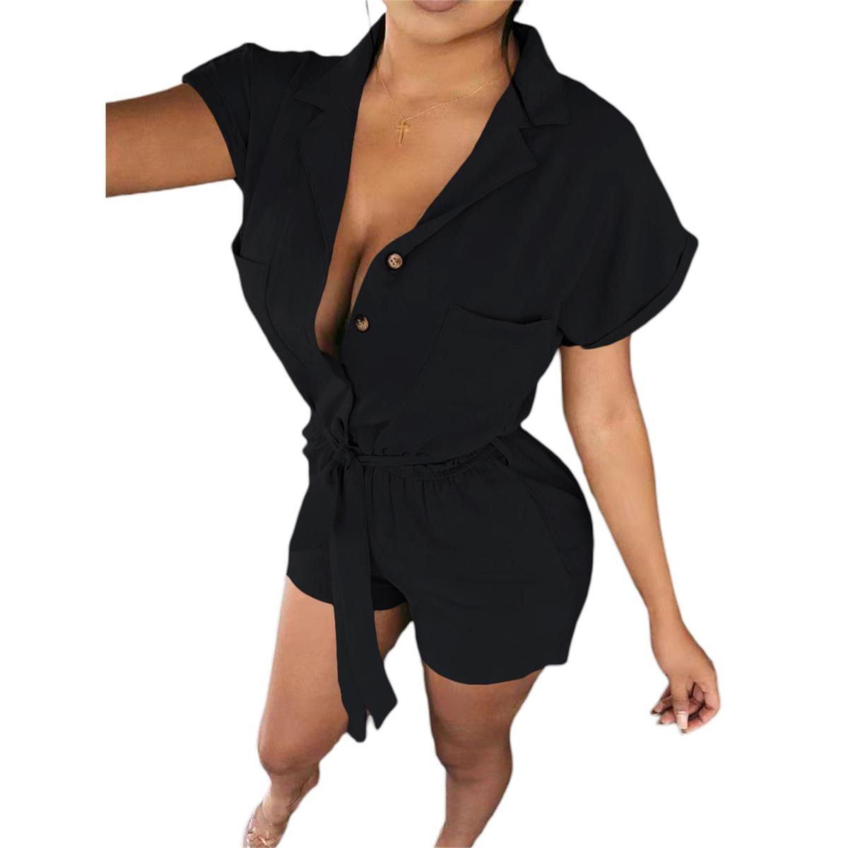 Women Turn-down Collar Overalls with Waistband, Solid Color Short Sleeve Playsuit, Khaki/ Black/ Army Green