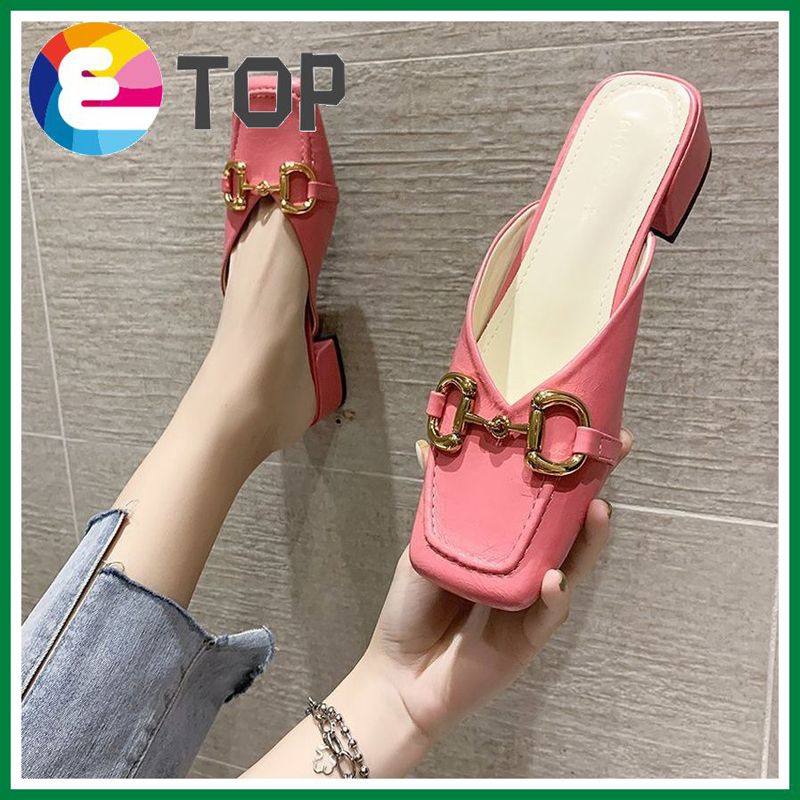Women Fashion Square Closed Toe Slip on Thick Heel Half Slippers Soft Leather Heeled Mules