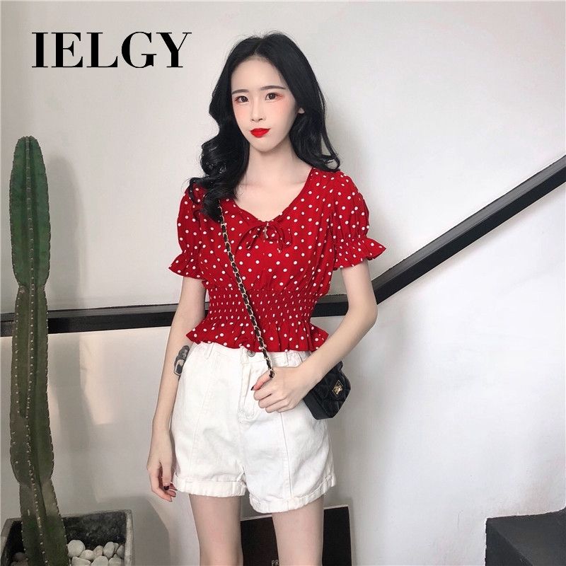 IELGY Fashion Women's Retro Polka Dot V-neck Lace Top Short Leak Navel Short Sleeve Shirt Tide
