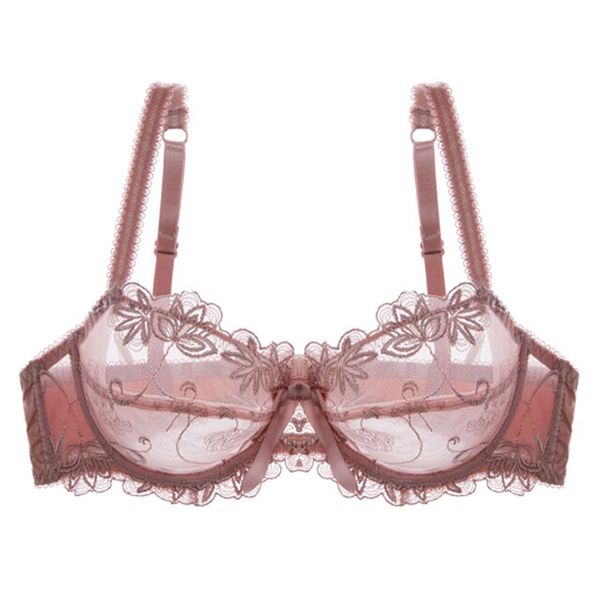 shaonvmeiwu Embroidery super thin transparent gathered bra  super thin large size non-sponge mesh underwear blue