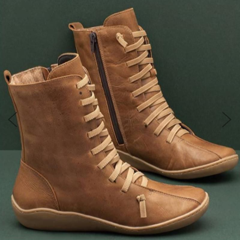 Arch Support Boots Lace Up Side Zipper PU Leather  for Autumn Winter