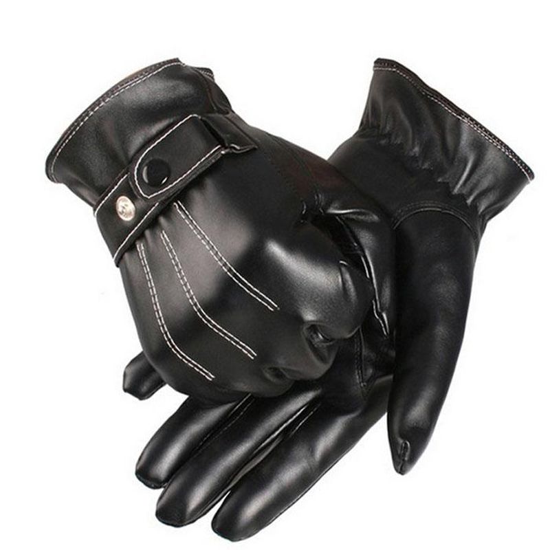 Mens Luxurious PU Leather Winter Super Driving Warm Gloves Cashmere - intl