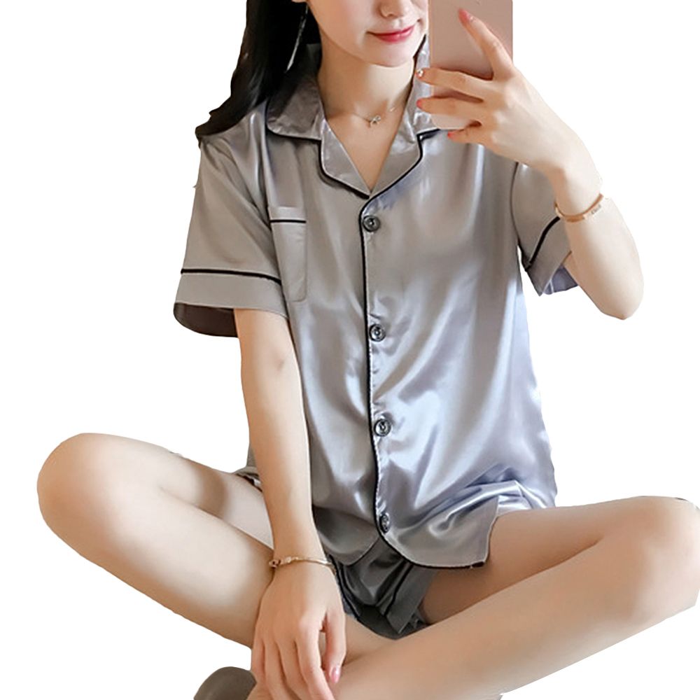 Women Collar Short Sleeve Pocket Buttons Top Shorts Sleepwear Set