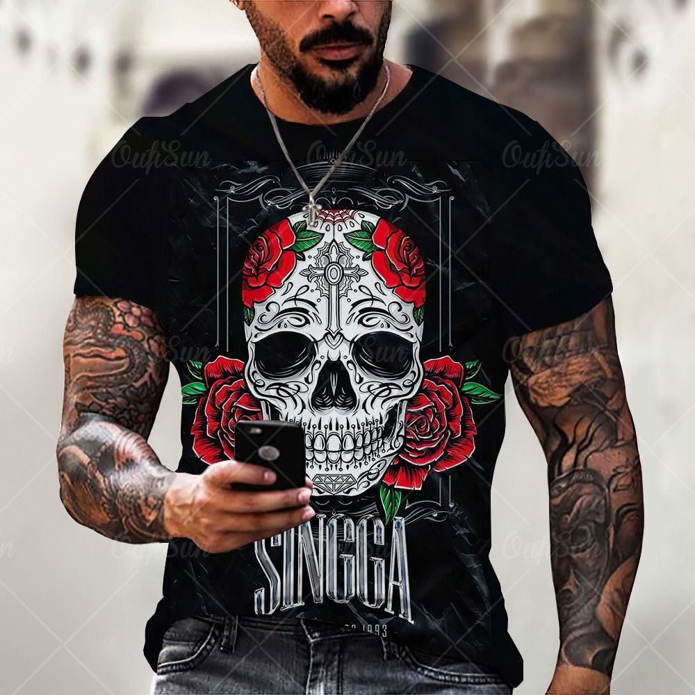 Fashion Summer Men's Street Skull Head 3D Printing Unisex Clothes Plus Size Comfortable Round Neck Short Sleeve Male T-Shirt Top