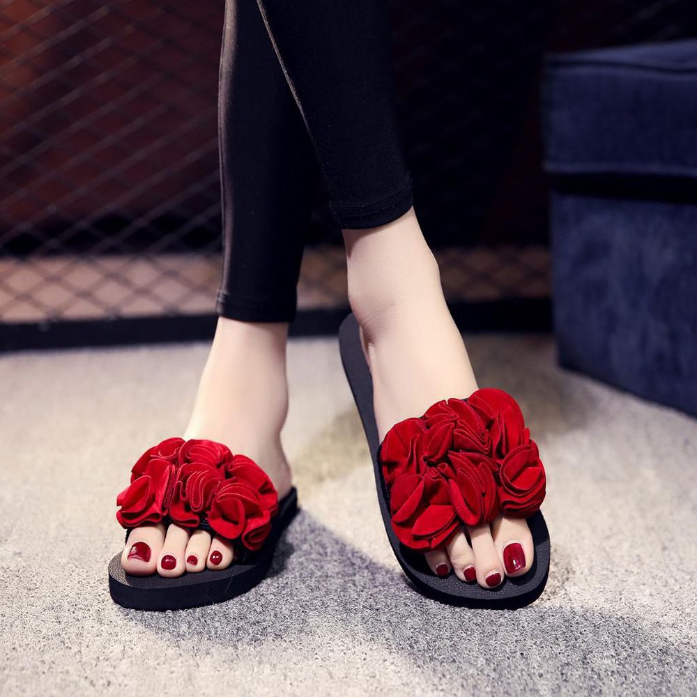 【ALLGOOD】Women's Bohemian Flower Flat Slippers Summer Sandals Non-slip Beach Shoes