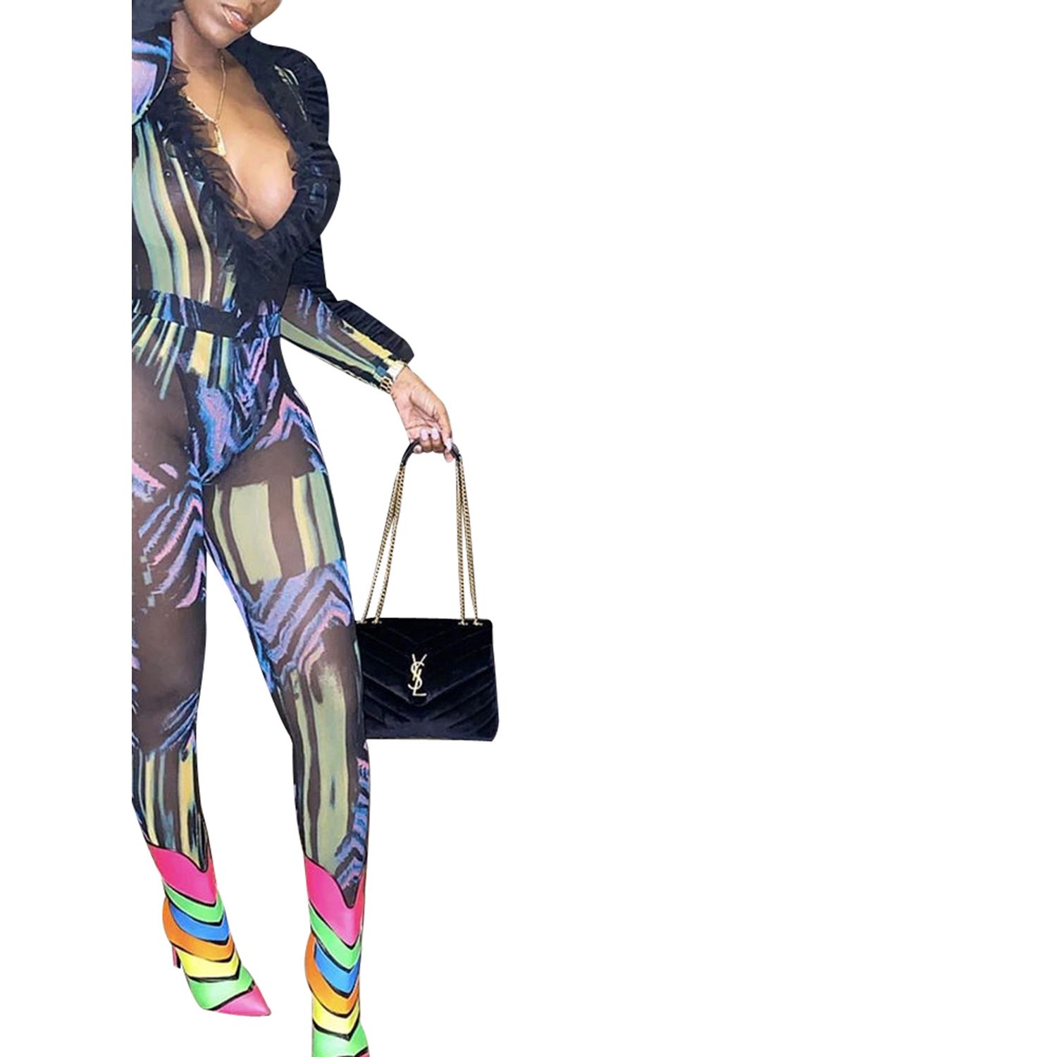 New Women’s Jumpsuit Pants 2-Piece Set Fashionable Pattern Short Sleeve Bodycon Deep V-Neck Ruffle Mes