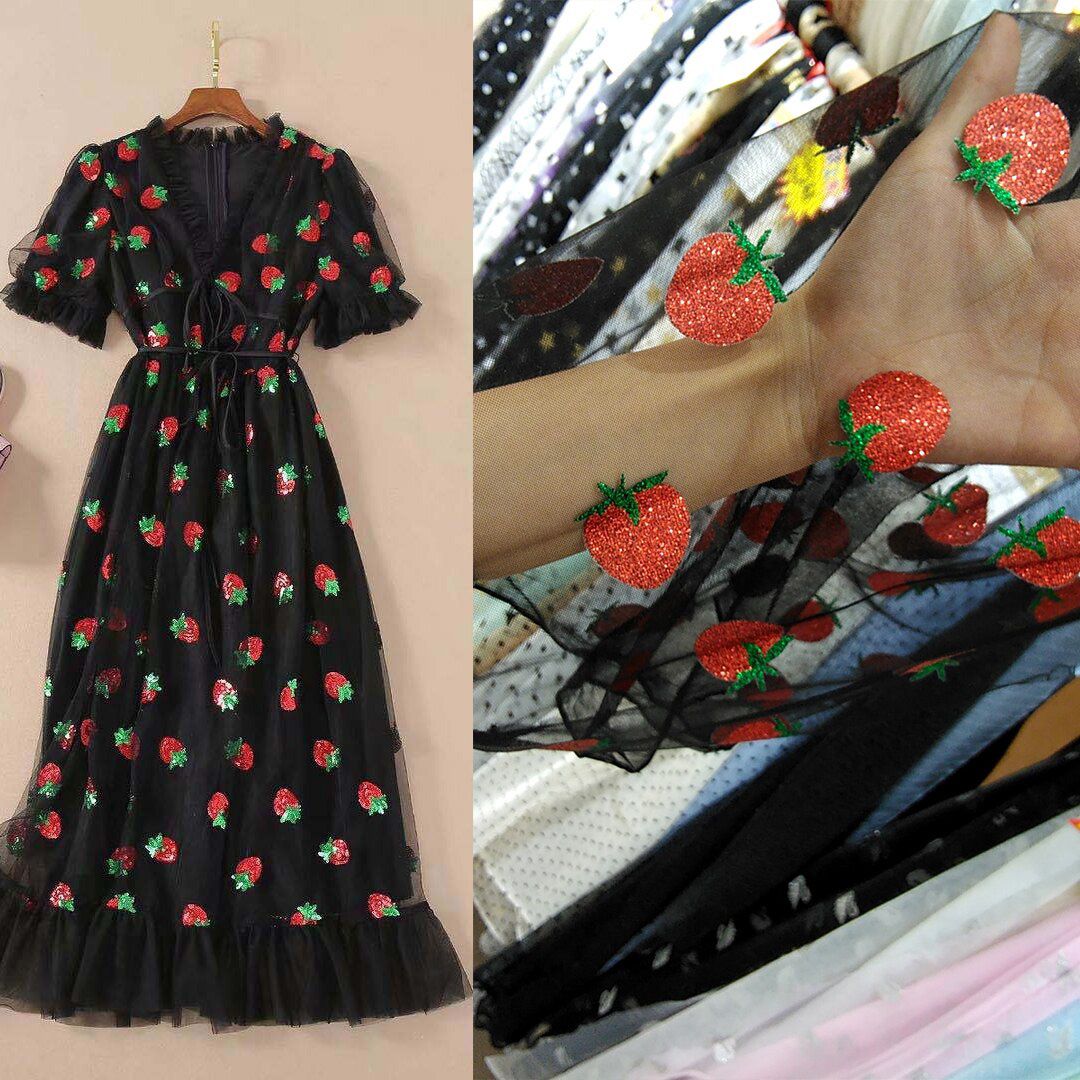 V-Neck Belt Strawberry Hot stamping Short Sleeve Party Mid-Length Dress Net Yarn Summer New Women'S Clothing