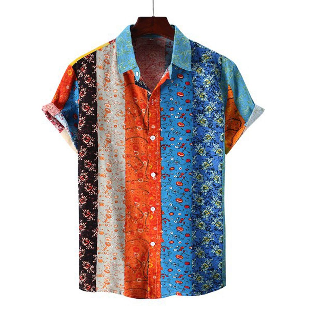Yfashion Men  Shirt Colorful Flower Printing Lapel Short-sleeved Casual Cardigan Shirt size