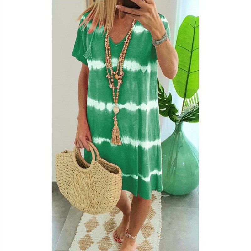 Casual Tie Dye Dress Short Sleeve Women's Print Dresses Summer V-Neck Loose Boho Sun Beach Dress Falda de las señoras