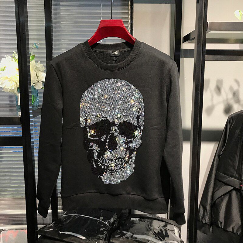 European Winter Brand Men's Hoodie Shiny Skull Diamond Fashion Hoody Fleece Warm Casual Sweatshirt Street Star Oversize