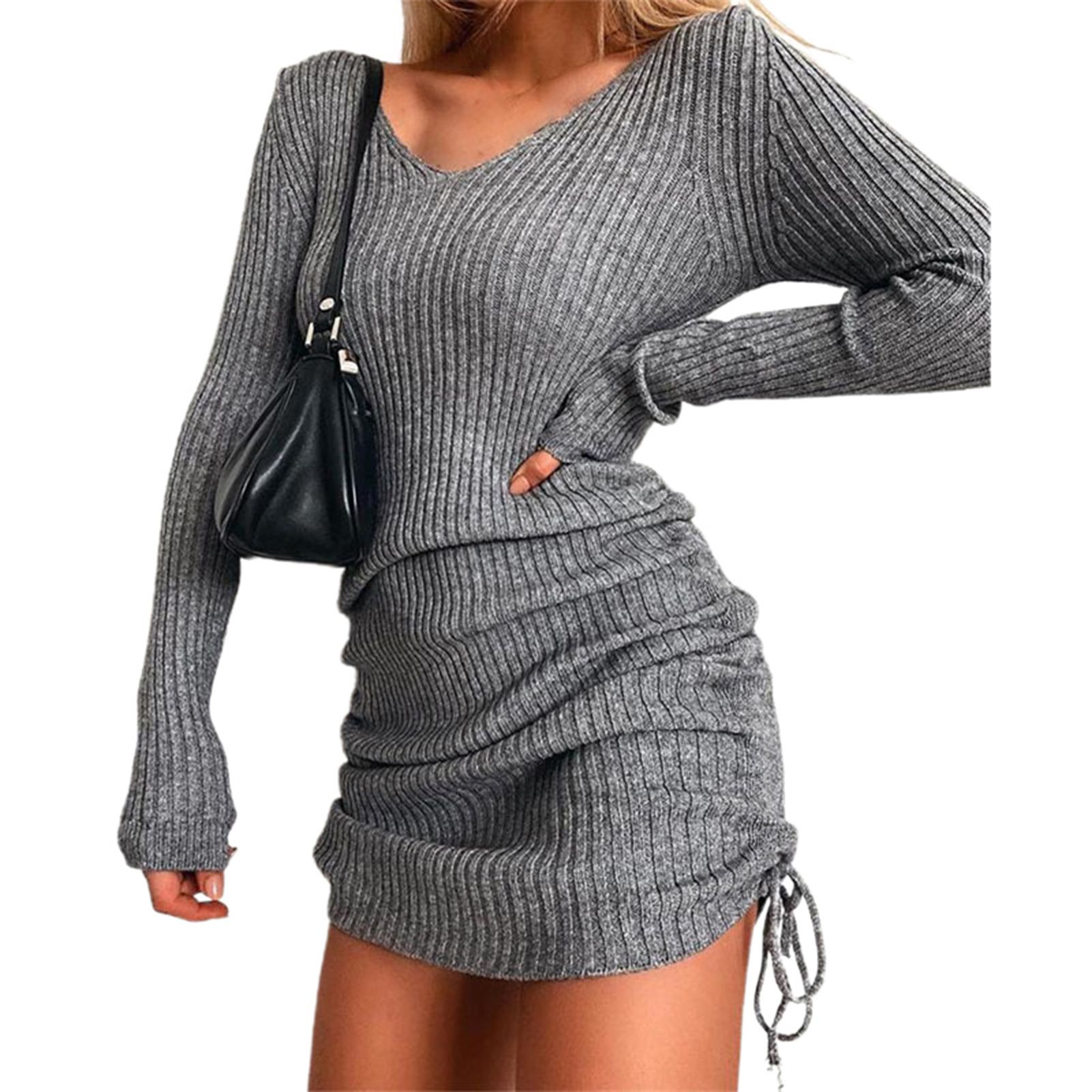Sheath Dress Above Knee Side Drawstring Pleated Lady Dress