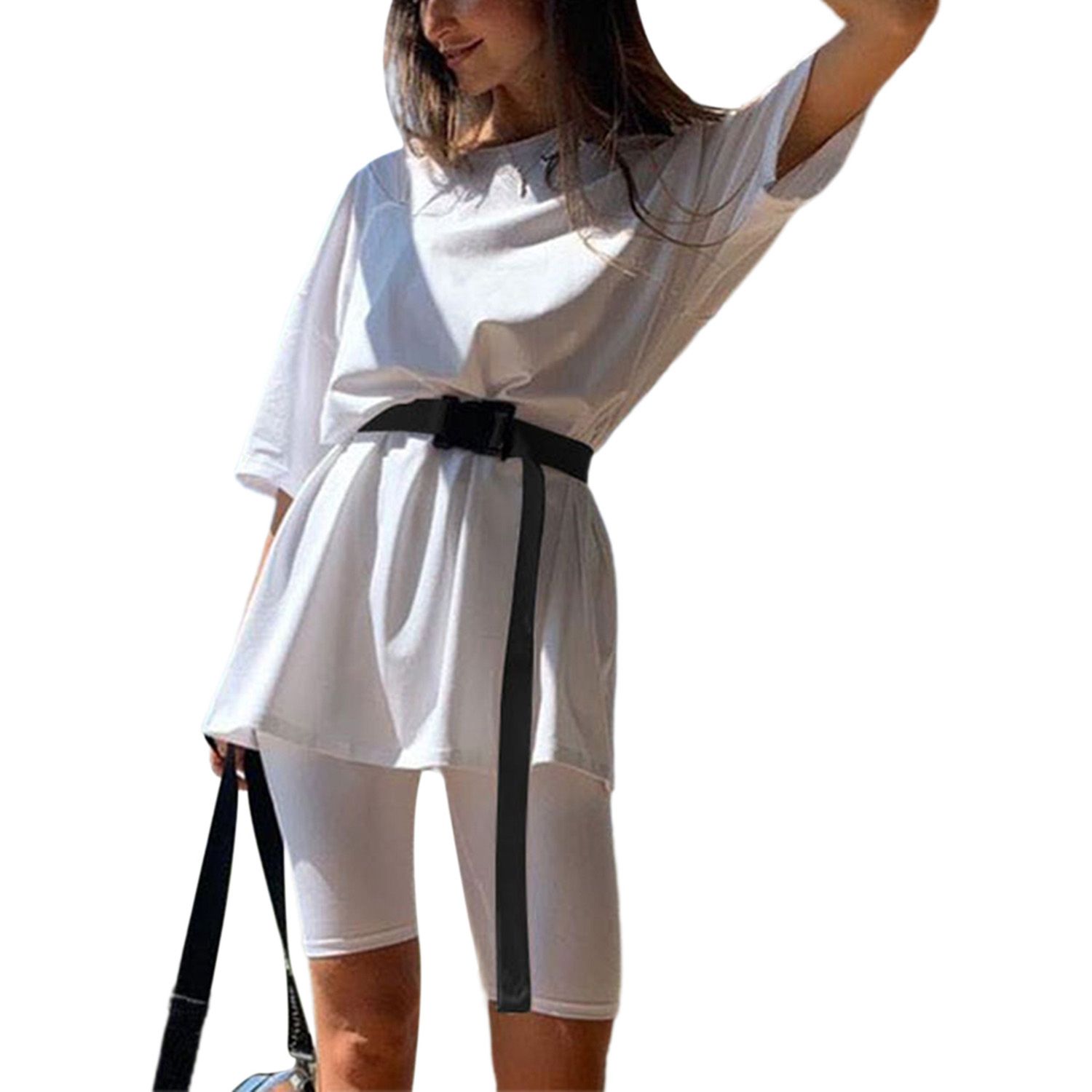 2021 Women T-Shirt + Shorts, Solid Color with Belt Simple Style Sports Casual Clothing