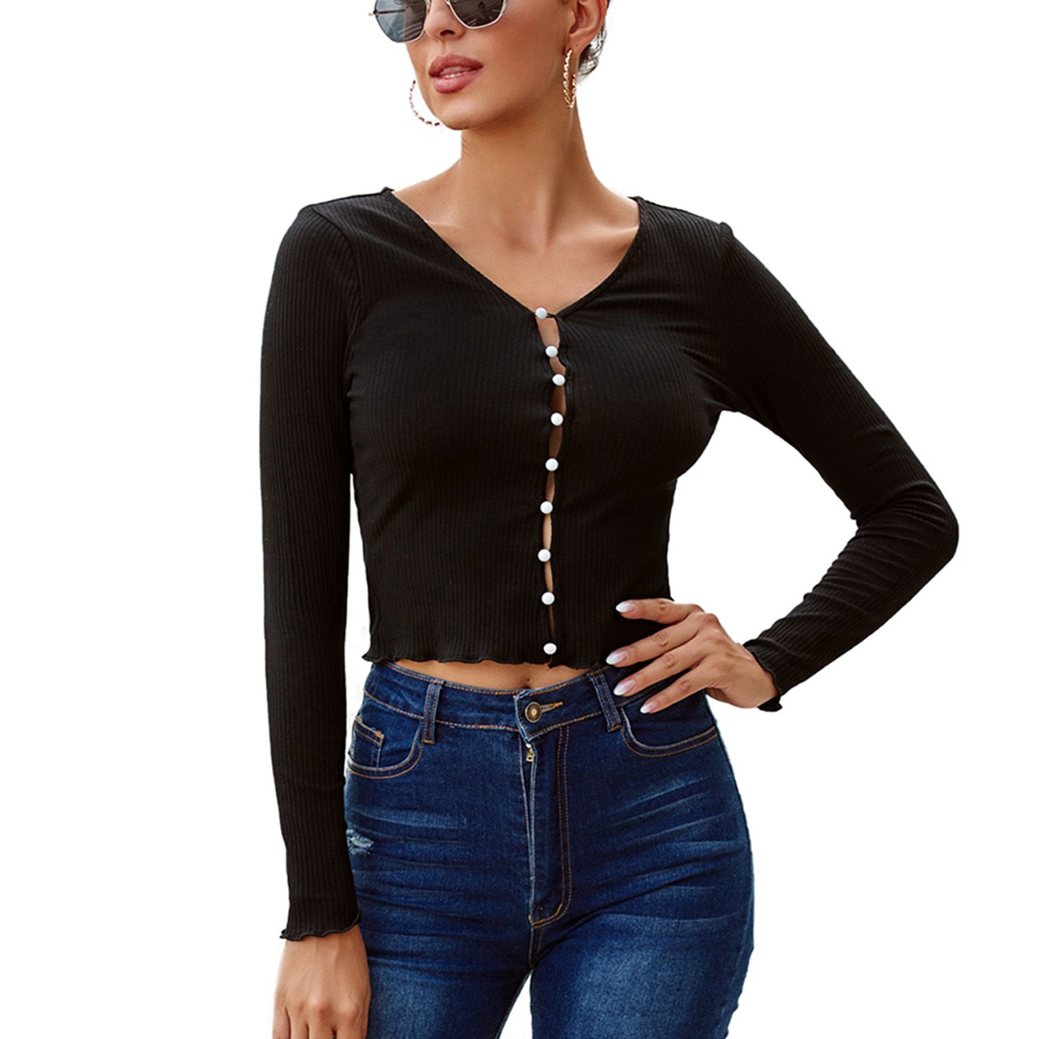 Women Short Cardigan, Autumn and Winter Long Sleeve V-neck Single-breasted Knitwear
