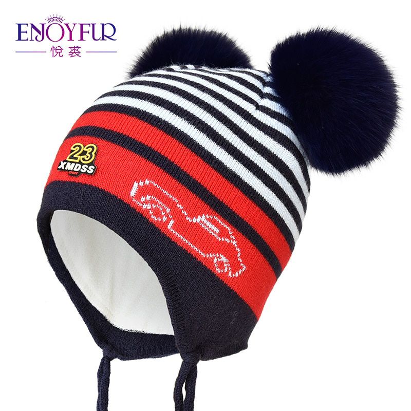 ENJOYFUR Winter Kids Hat With Double Fox Fur Pompom Boys Striped Knitted Ears Cap Thick Cotton Beanies For Autumn