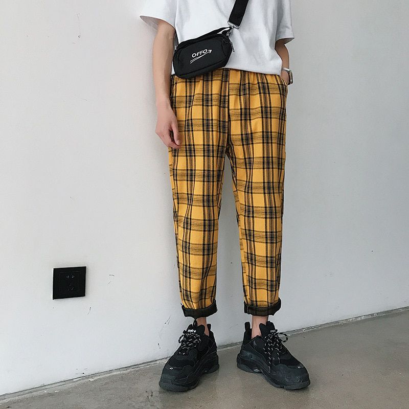 Youth Streetwear Black Plaid Pants Men Joggers Mens Straight Harem Pants Men Korean Hip Hop Trousers Plus Size