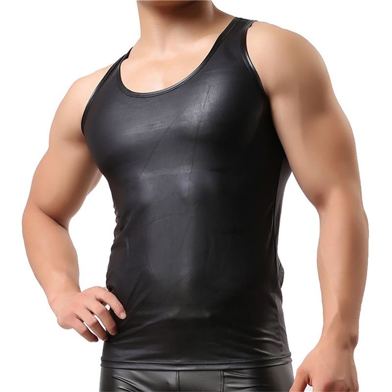 Mens TaTops PU Leather Sleeveless Tops Summer Fitness Srts Bodybuilding Black Undershirts Casual Latex Clubwear Plus Size