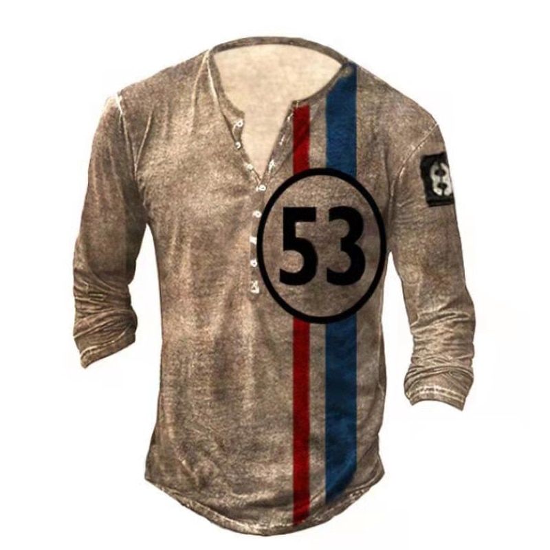 Men T-shirt Casual Long Sleeve Vintage on V-Neck Top Fashion Printed Tees Men Streetwear Loose Pullover Spring Autumn New