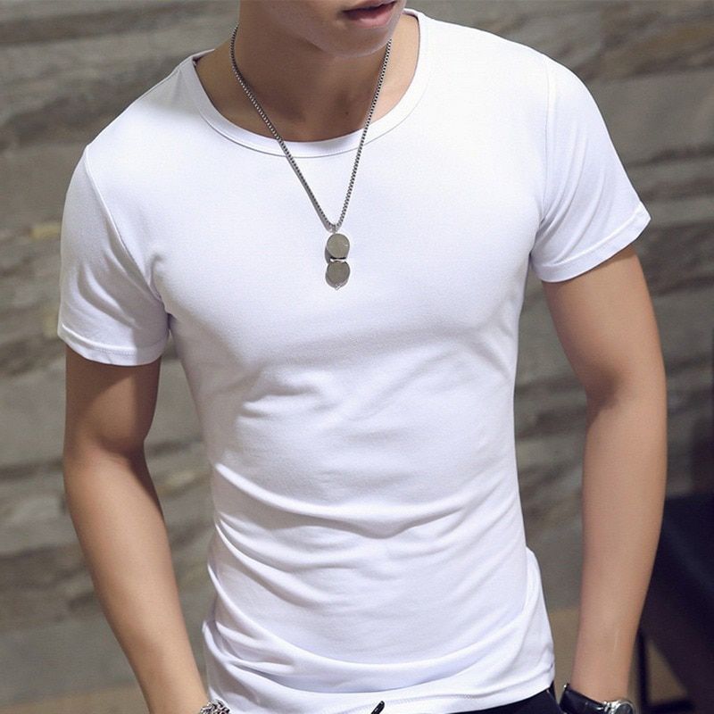 Men Summer O Neck Casual T Shirt Collar White Plain   Men t-shirts Short Sleeve Undershirt Slim Fit Men's Tops