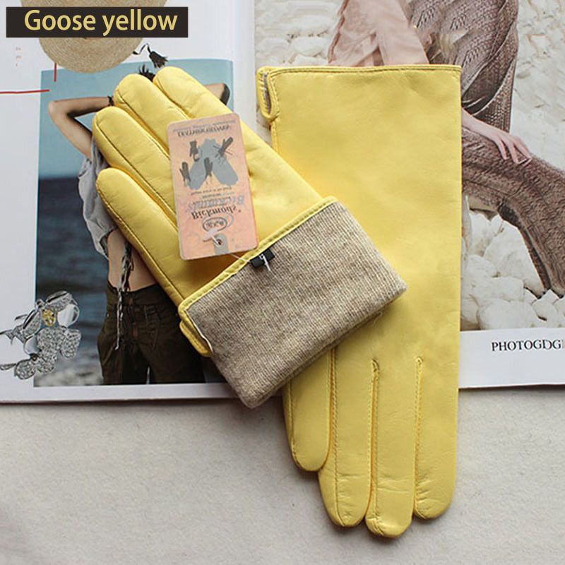 Color Sheepskin Leather Gloves Women's Straight Style Wool Lining Fall/Winter Warm Motorcycle Riding Car Driving Finger Gloves