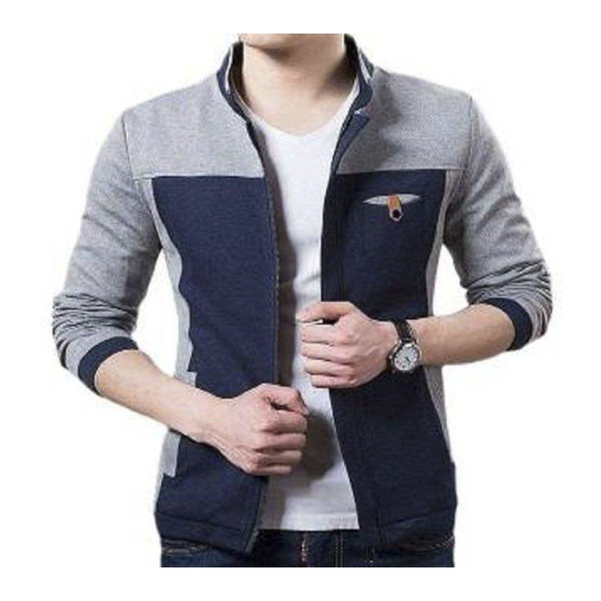 Gray And Navy Blue Cotton Jacket For Men - Jacket For Men