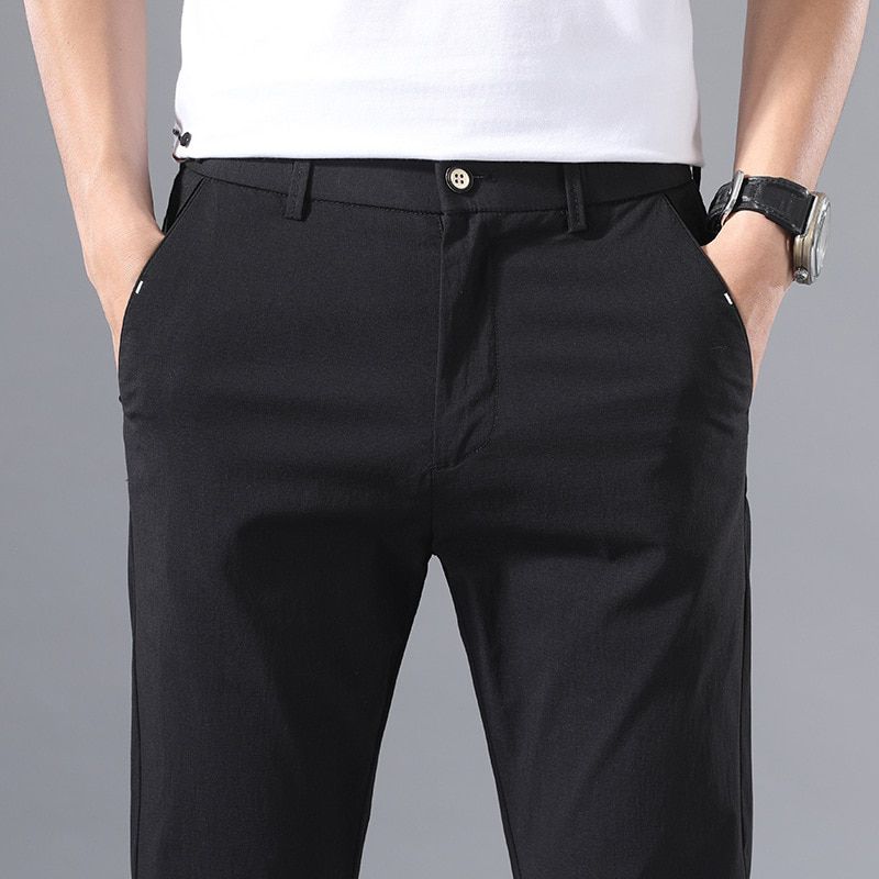 Men's Thin Pants Solid Color Pants Smart Casual Business Fit Body Stretch Trousers Men Cotton Formal Breathable Trousers