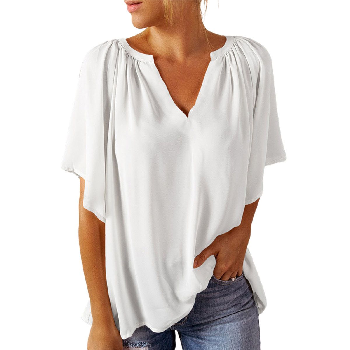 Women Blouse Solid Color Irregular Folds Blouse
