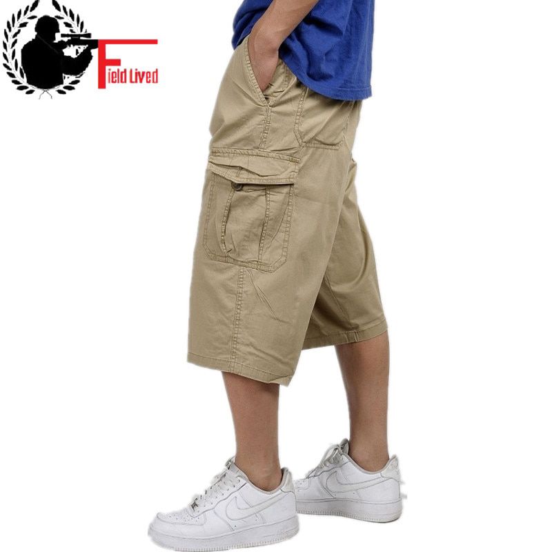 military style summer men baggy cargo cotton knee length pant casual trouser male large loose big size khaki xxl 3xl 4xl 5xl 6xl