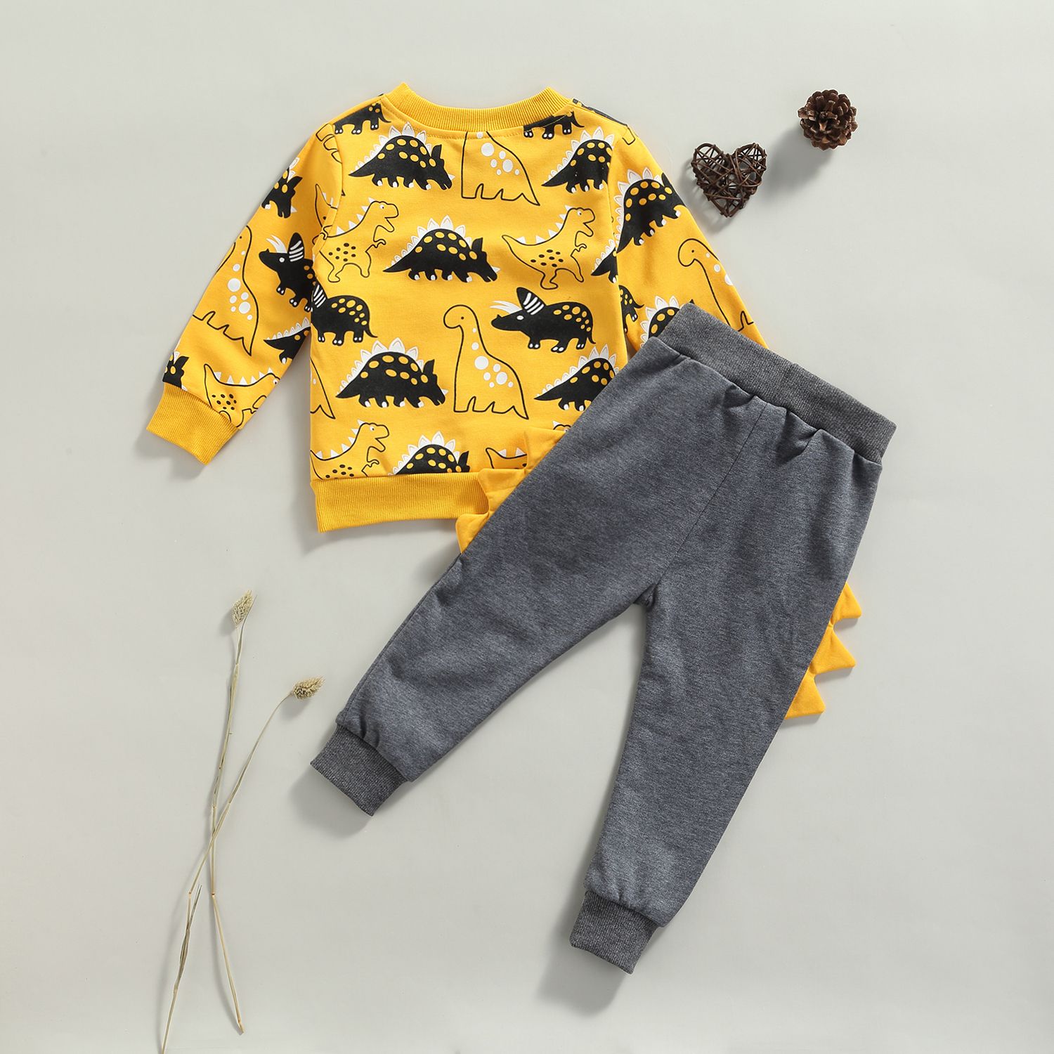 2Pcs Little Boys Outfit, Toddlers Leisure Style Cartoon Dinosaur Printing Long Sleeve Round Collar Tops + Long Pants Set