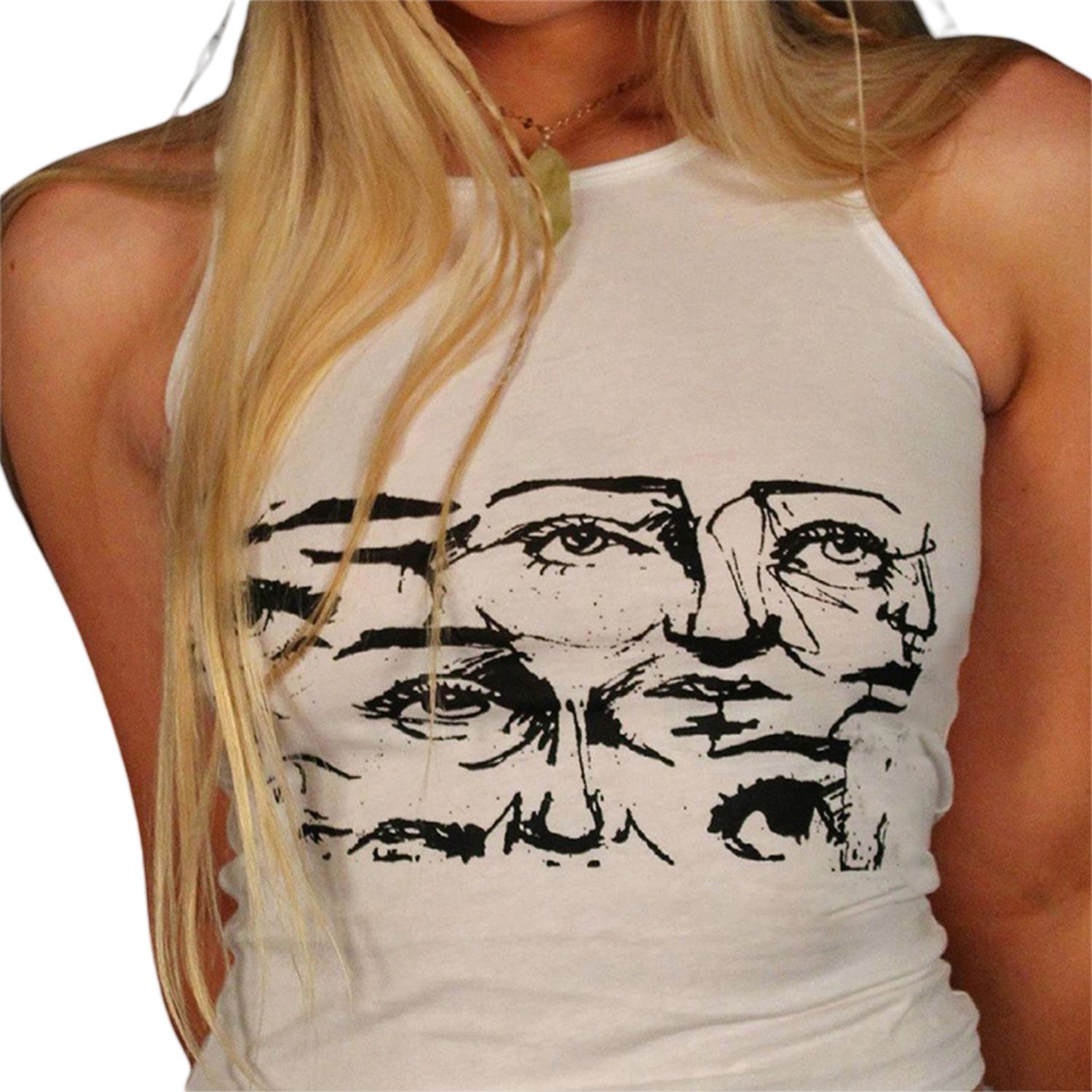 Women Round Collar Vest, Eyes Printed Pattern Sleeveless Crop Tops, White/ White Red/ Green
