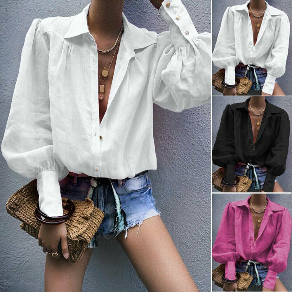 Women Cotton Linen Casual Solid Tops Long Sleeve Shirt Blouse
