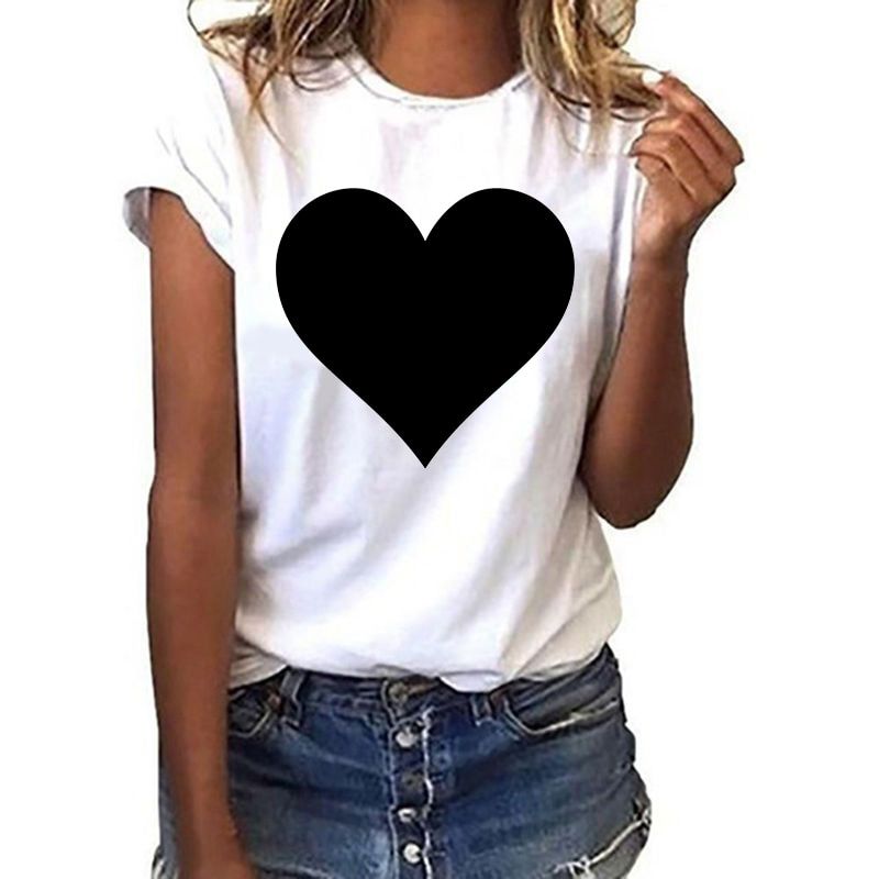Women T Shirt Summer New 90s Heart Shaped Printed Ladies Casual Graphic Short Sleeve T Shirt Oversized Top Tee Shirts Clothing