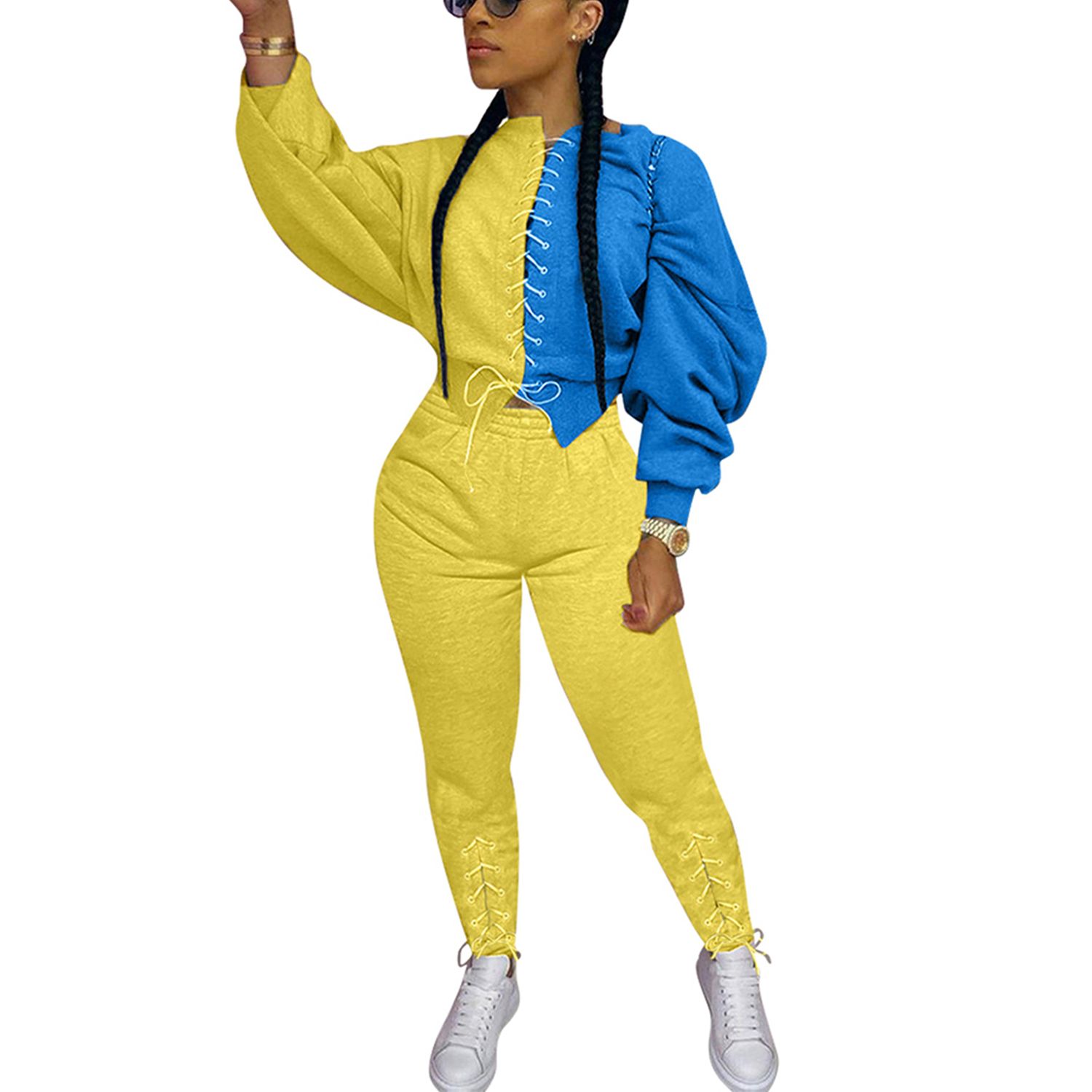 Women's Patchwork Top, High-Waist Pants, Long Sleeve Round Collar Bandage Shirt, Sports Slimming Jogger Trousers