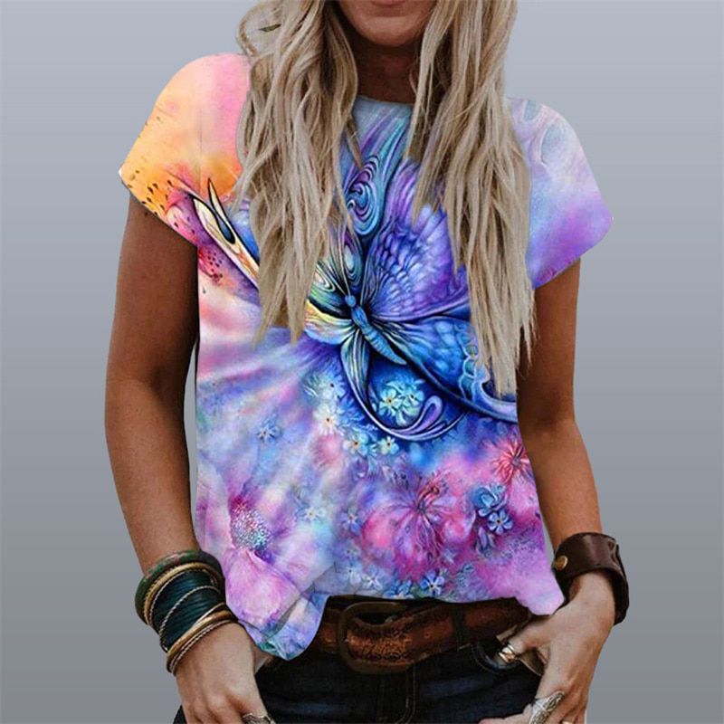 2021 Summer Women Vintage Butterfly Print TShirt O Neck Short Sleeve Top Streetwear Casual Tees Harajuku Plus Size Loose Tshirts