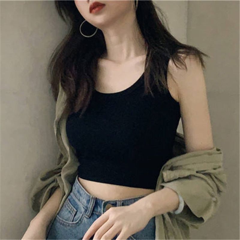 White Knitted Round Neck Women T-shirt Sleeveless Camisole Crop Top Woman Tight Stretch Tank Top Ladies Tee Top Streetwear