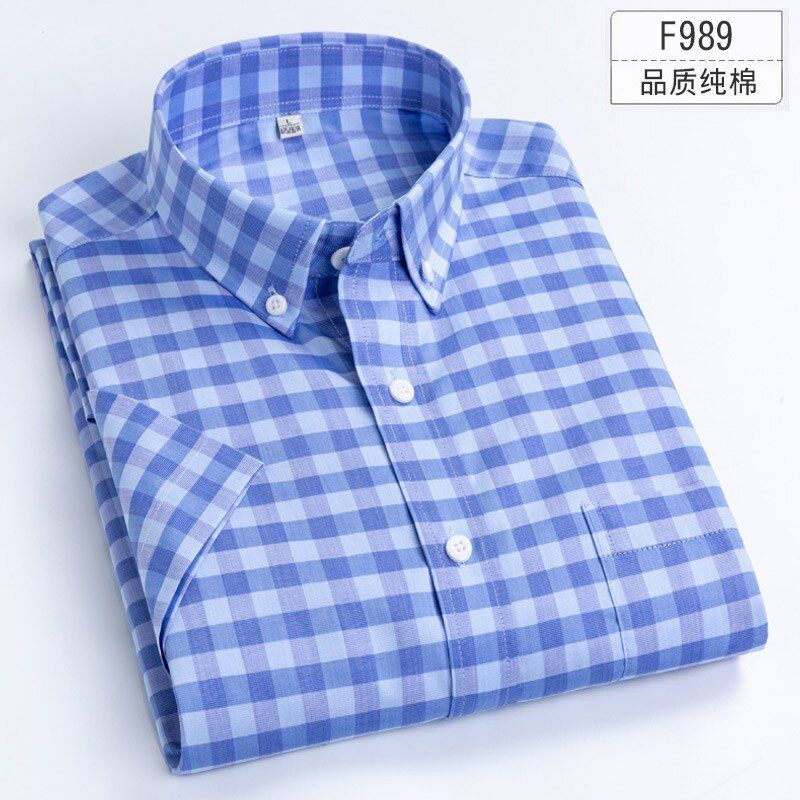 Summer Short Sleeve 100% Cotton Casual Plaid Shirts Thin Soft Male Button Down Striped Dress Shirts Slim Fit