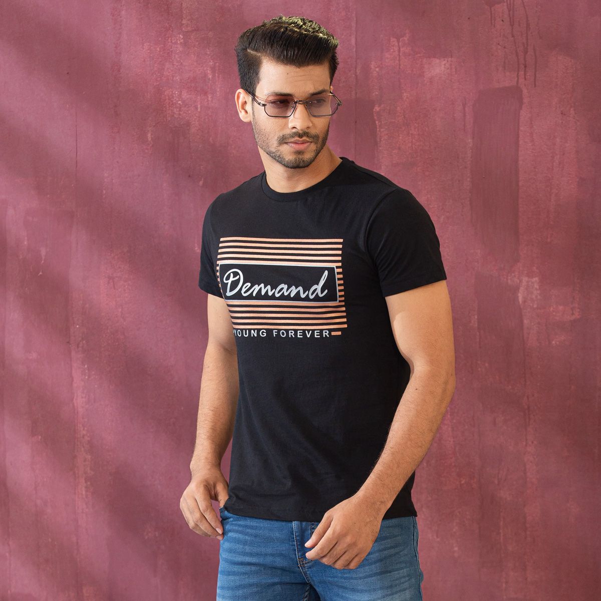 Demand Chest Print Solid Black Soft T-Shirt Half