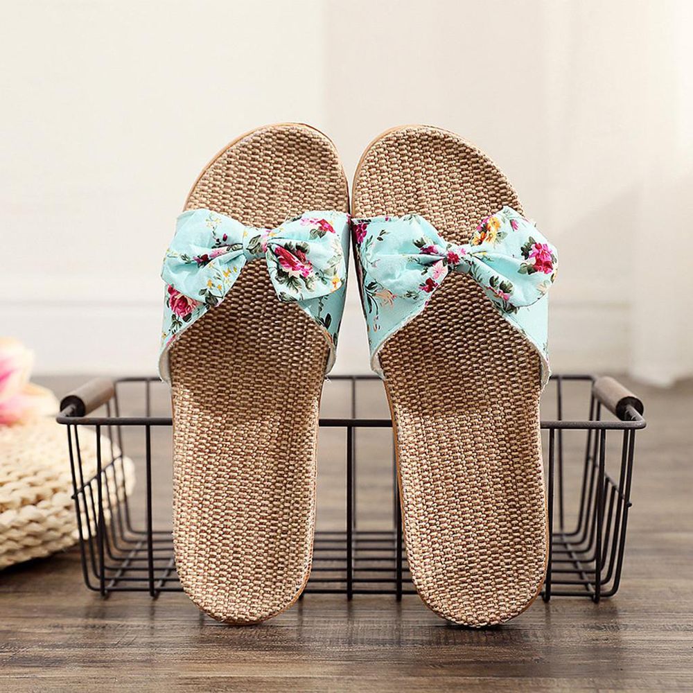 Women Female Bohemia Bowknot Flax Linen Flip Flops Beach Shoes Sandals Slipper