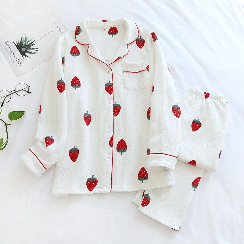 Thicken Quilted 100% cotton scuba sleepwear women pajamas sets winter keep warm long-sleeved Jnese sweet women pyjamas