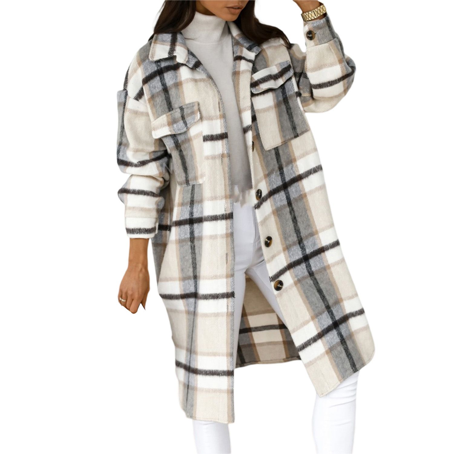 Women Single Breasted Coat, Adults Casual Long Sleeve Lapel Plaid Outerwear with Pockets