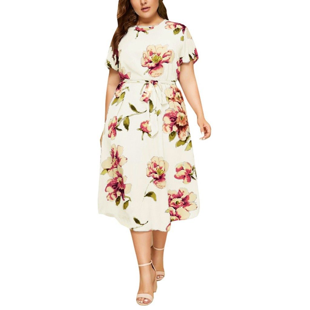 Women's Plus Size Dresses Flower Print Summer Fashion Boho Dress Casual O-neck Short Sleeve Print Waist S Dress Vestidos