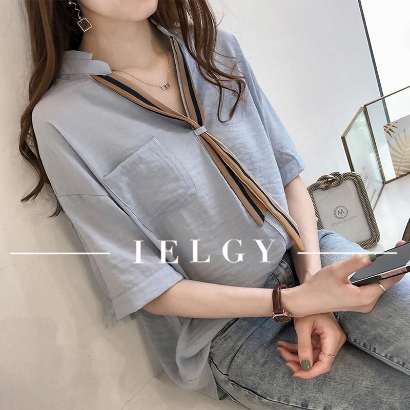 IELGY Fashion striped tie shirt women's short-sleeved shirt