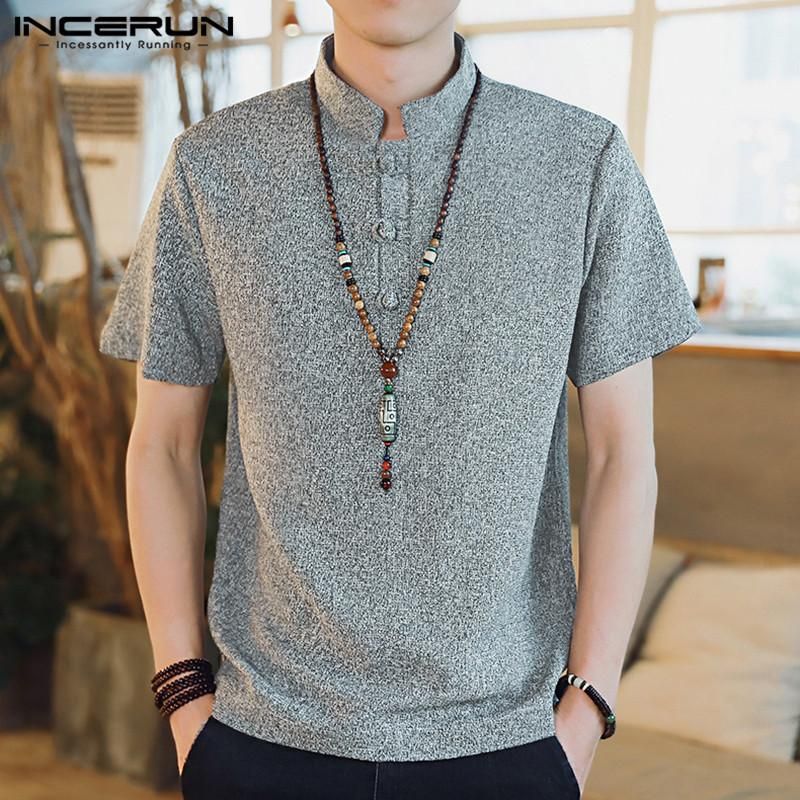 INCERUN Mens Vintage Short Sleeve Shirt Button Beach Top Casual Hippy Baggy T-shirt  - Grey (4XL)