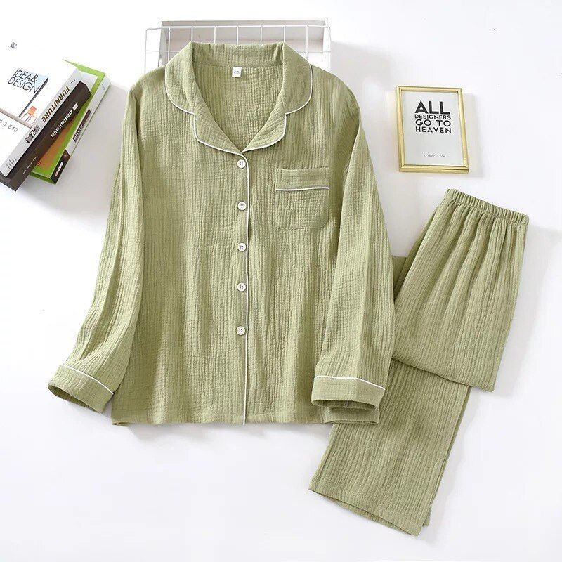 Spring  Ladies Pajamas Set Heart Printed Crepe Cotton Double-layer Gauze Turn-down Collar Long-sleeve Trousers Household Wear
