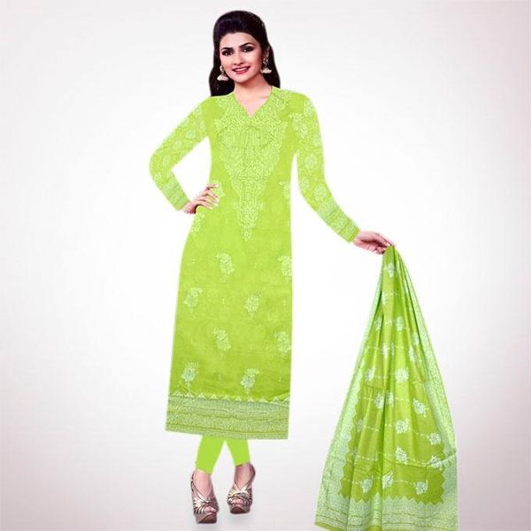 Unstitched Green Yellow Cotton Salwar Kameez For Women