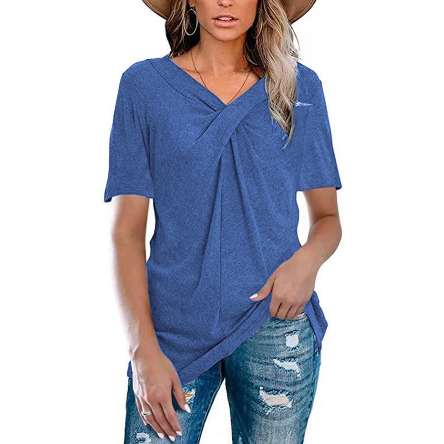 Women's Summer Tops Short Sleeve Solid Color V Neck Cross Knot Loose Casual T-Shirt